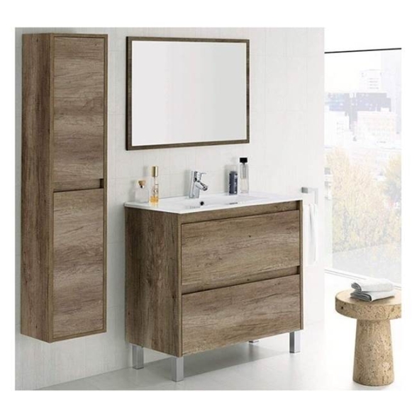 Mobile bagno 80 cm con colonna, lavabo e specchio rovere - Dakota 94611