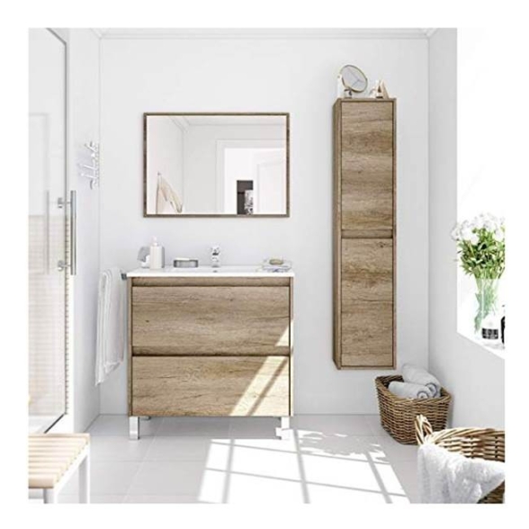 Mobile bagno 80 cm con colonna, lavabo e specchio rovere - Dakota 94611
