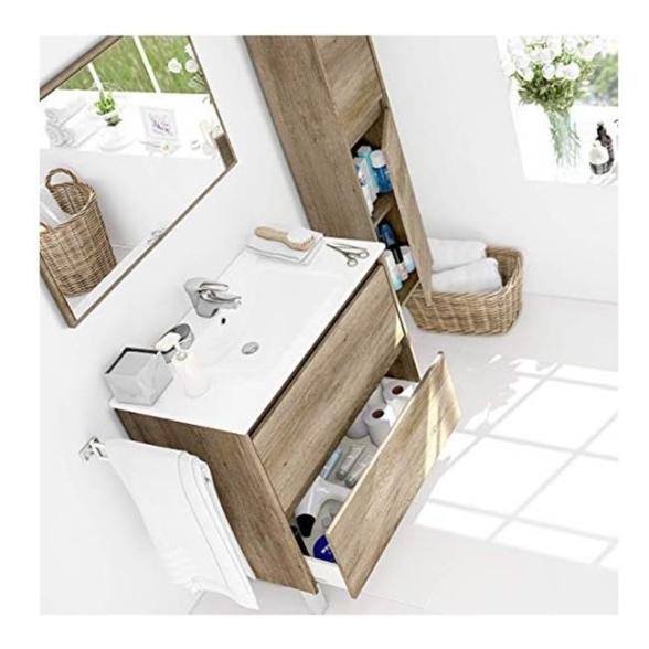 Mobile bagno 80 cm con colonna, lavabo e specchio rovere - Dakota 94611