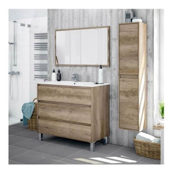 Mobile bagno 80 cm con lavabo, colonna e specchio rovere - Dakota 96249