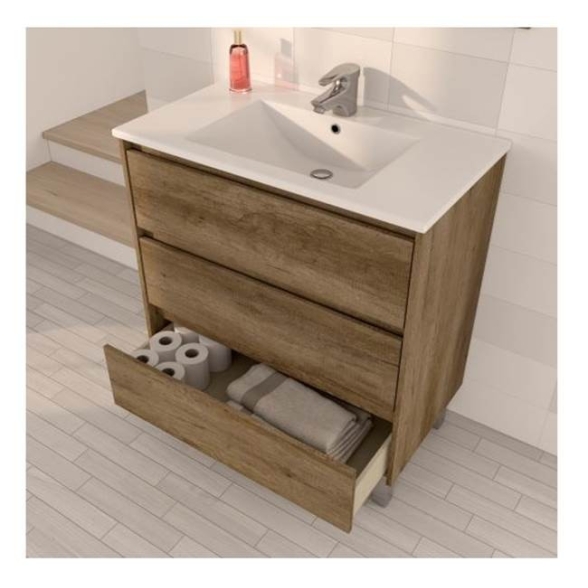 Mobile bagno 80 cm con lavabo, colonna e specchio rovere - Dakota 96249