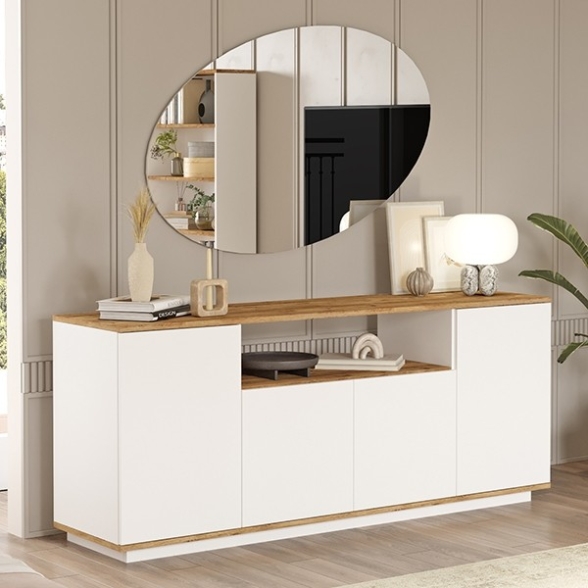 Credenza Moderna 4 Ante 180x45x75 Con Vano A Giorno Bianco E Rovere Frame