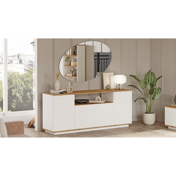 Madia Moderna 180 Cm 4 Ante Con Vano Centrale Bianco E Legno Frame