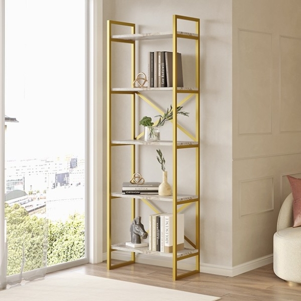 Libreria Oro 58x30x175 Cm 5 Ripiani Effetto Marmo Decus