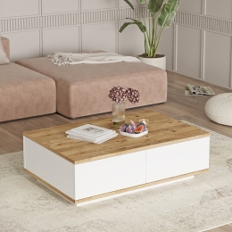 Tavolino Basso Da Salotto 90x60 Con Vani Interni Bianco E Rovere Frame