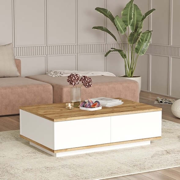 Tavolino Basso Da Salotto 90x60x28 Con Vani Interni Bianco E Rovere Frame