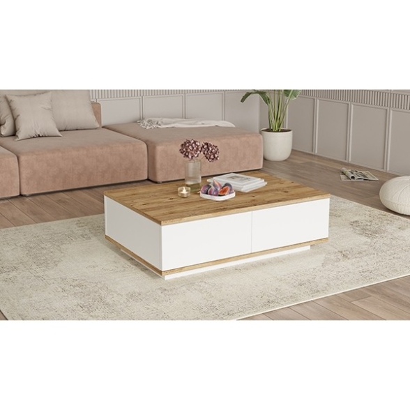Tavolino Basso Da Salotto 90x60x28 Con Vani Interni Bianco E Rovere Frame