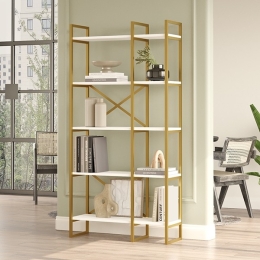 Libreria 88x30x175 Cm 5 Ripiani Oro E Bianco Doppio Modulo Decus