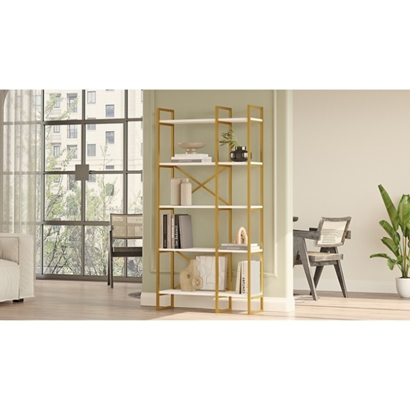 Libreria 88x30x175 Cm 5 Ripiani Oro E Bianco Doppio Modulo Decus