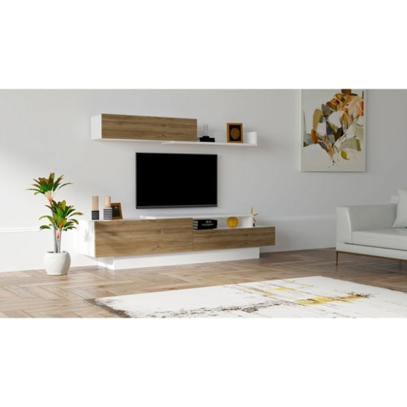 Mobile Porta TV A Parete Con Mensola Sospesa Bianco E Rovere Elda