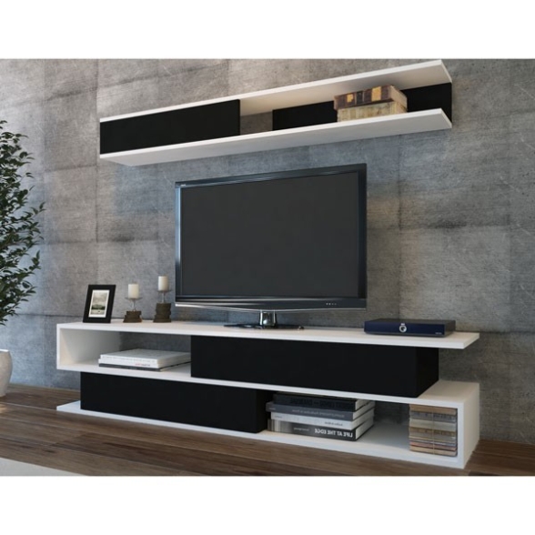 Mobile Porta TV A Parete Con Mensola Sospesa Bianco E Nero Sims