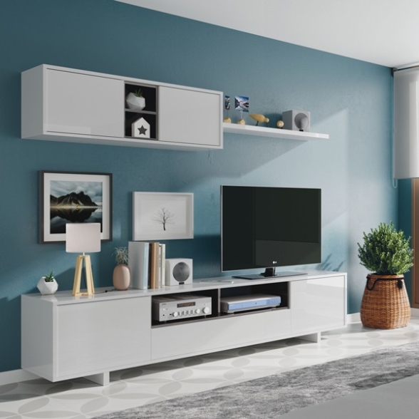 Parete Attrezzata Per Soggiorno Mobile TV E Pensili Bianco Grigio