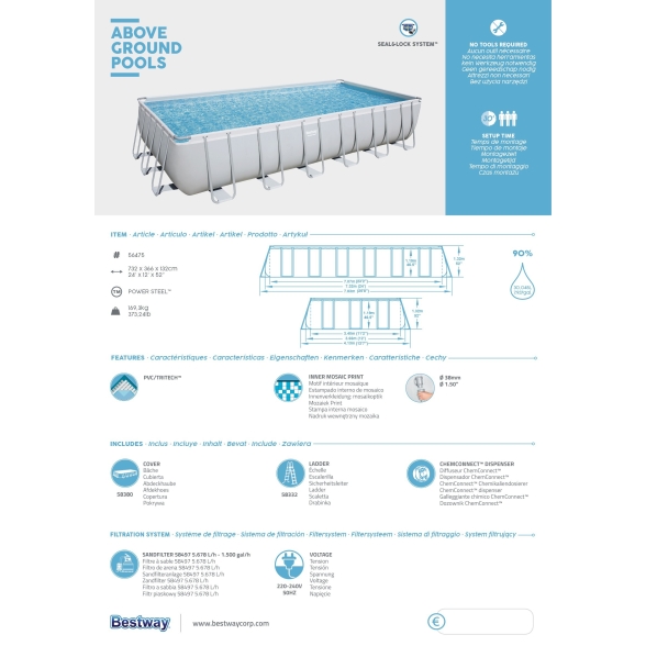 Piscina fuori terra rettangolare 732x366x132 cm con pompa Bestway
