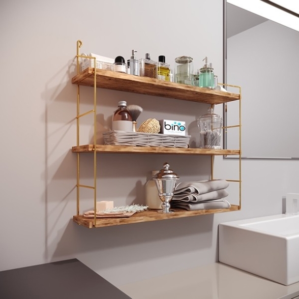 Mensola A Muro 3 Ripiani In Legno E Metallo 60x16x62 Rovere E Oro Jude