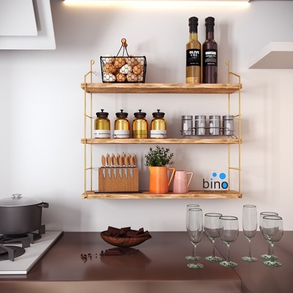 Mensola A Muro 3 Ripiani In Legno E Metallo 60x16x62 Rovere E Oro Jude