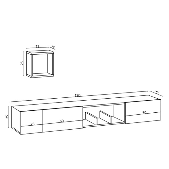 Mobile TV Sospeso 180 Cm Effetto Legno Con Mensola A Cubo Armor
