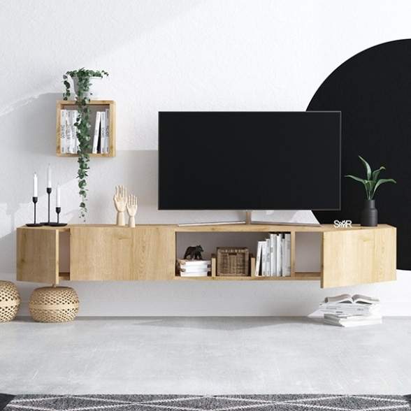 Mobile TV Sospeso 180 Cm Effetto Legno Con Mensola A Cubo Armor