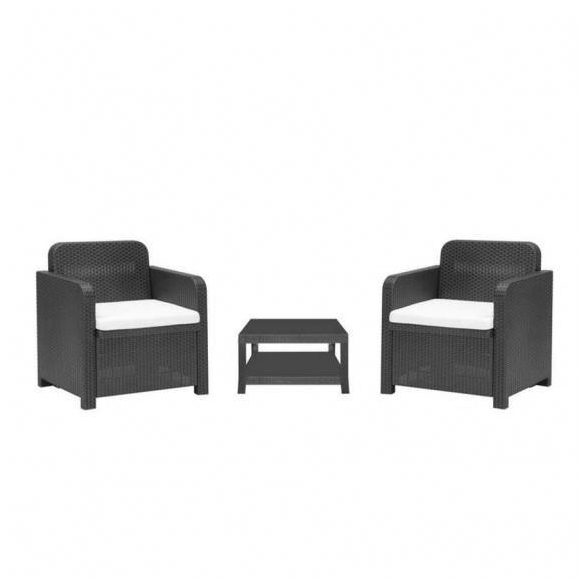 Salotto da esterni in rattan 1 tavolino + 2 poltrone con cuscini antracite