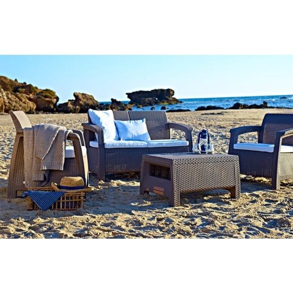 Salotto In Rattan Antracite Set Divano Poltrone E Tavolino Contenitore Completo Di Cuscini Corfù