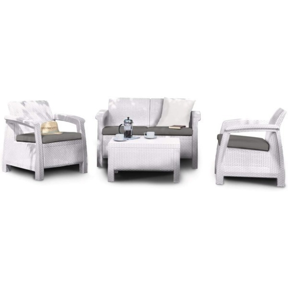 Salotto In Rattan Bianco Set Divano Poltrone E Tavolino Contenitore Con Cuscini Corfù Keter