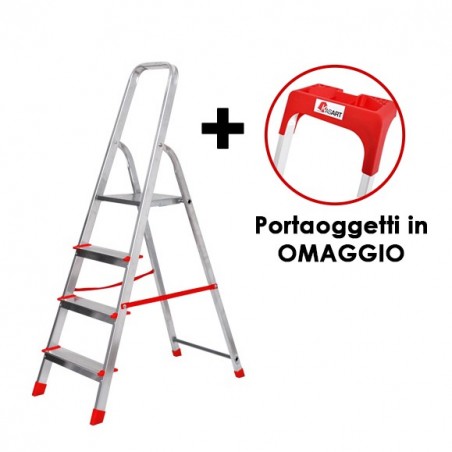 Scala Domestica 4 Gradini In Alluminio Leggera Con Porta Oggetti