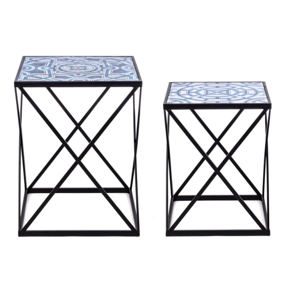 Set 2 tavolini legno e acciaio con decorazione Neapolis K24 Bizzotto