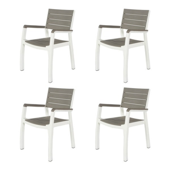 Set 4 Poltrone Da Esterno Effetto Legno Con Braccioli Bianco E Tortora