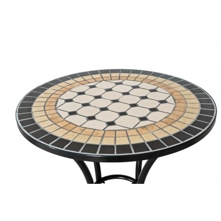 Set Bistrot Tavolo Mosaico 60 Cm Con 2 Sedie In Ferro Con Braccioli E Cuscini Beige