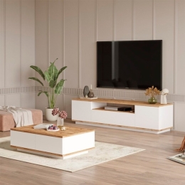 Composizione Da Soggiorno Mobile TV Con Tavolino Bianco E Rovere Frame