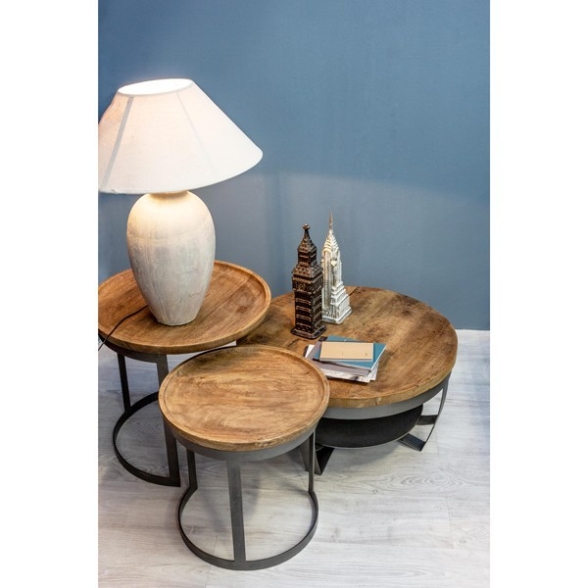 Tavolino Basso Tondo 65 Cm In Acciaio Piano In Legno Narvik Bizzotto