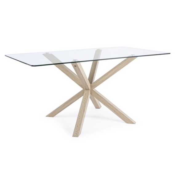 Tavolo in vetro design moderno e gambe in acciaio effetto legno 160x90