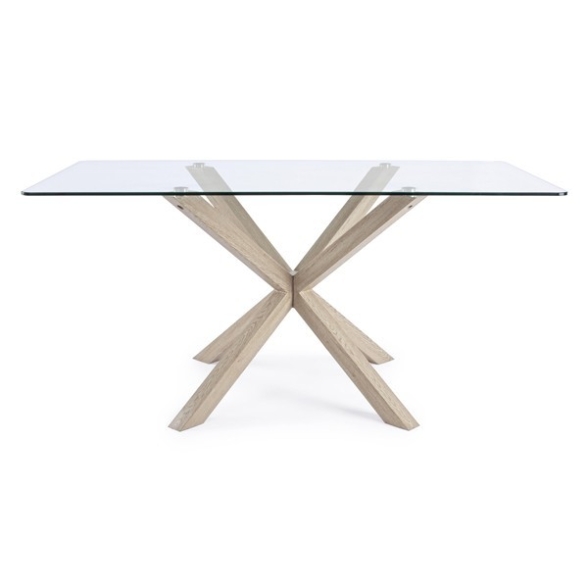 Tavolo in vetro design moderno e gambe in acciaio effetto legno 160x90