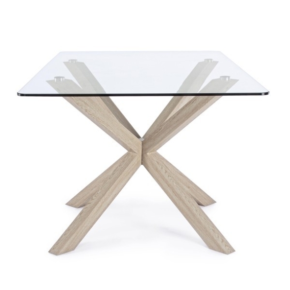 Tavolo in vetro design moderno e gambe in acciaio effetto legno 160x90