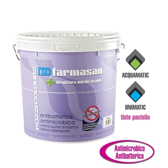 Idropittura murale lavabile antibatterica e antimicrobica Farmasan bianco Pozzi Colours