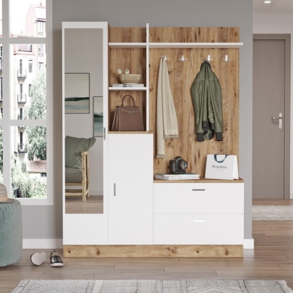 Mobile Ingresso Con Scarpiera E Specchio Rovere E Bianco Wisdom