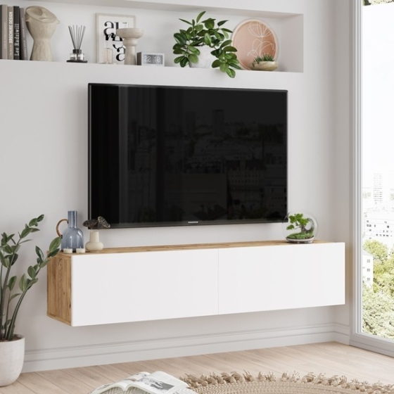 Mobile TV BAÏTA Helena | Legno Ingegnerizzato Effetto Rovere Chiaro | 90 Cm Larghezza | Con Anta In Vimini E Scomparti Passacavi | Stile Bohémien Chic | Per Salotto O Camera