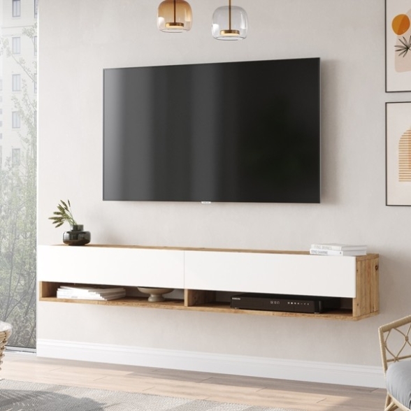 Mobile porta tv 180 cm con pensile in legno bianco lucido e naturale - Eike