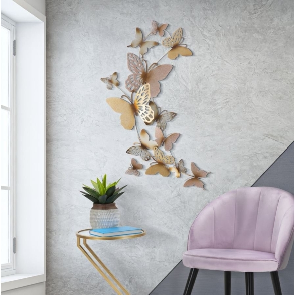Pannello decorativo da muro con design a farfalle 59,5X4X111,5 cm Butterflies oro/rosa