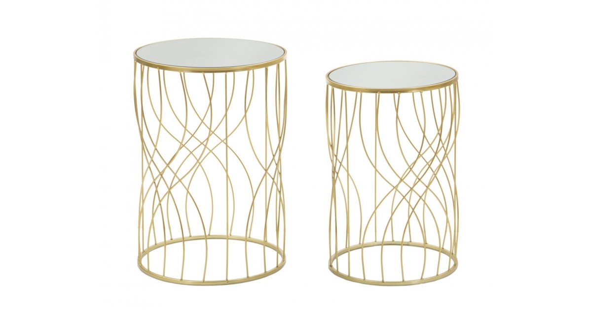 Set 2 tavolini con top in vetro e struttura dorata decorazione lineare Ligne