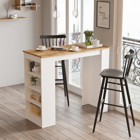 Tavolo Da Cucina Alto Con Ripiani Laterali 120x52x102H Rovere E Bianco