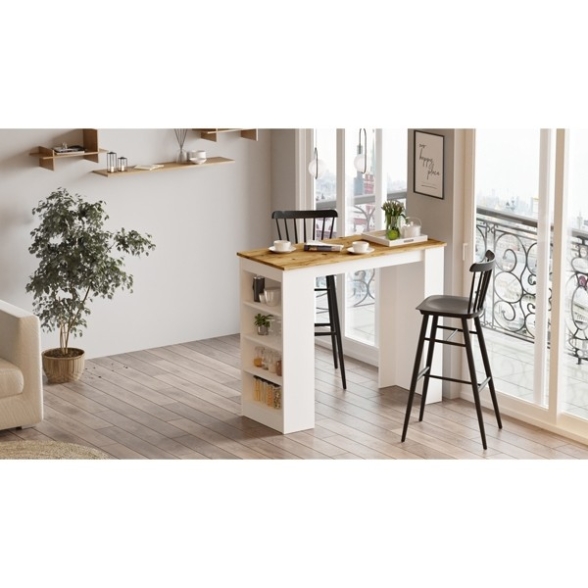 Tavolo Da Cucina Alto Con Ripiani Laterali 120x52x102H Rovere E Bianco