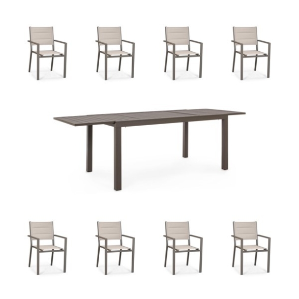 Set Da Pranzo Per Esterni Tavolo In Alluminio Allungabile 90x160-240 Cm + 8 Sedie Tortora