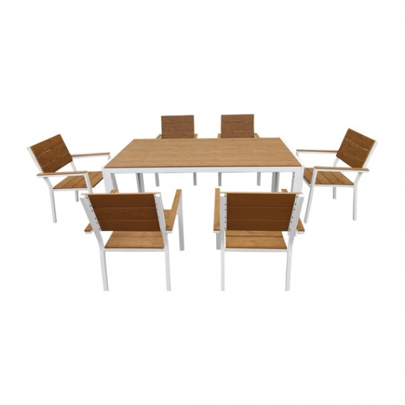 Set Da Pranzo Tavolo Con 6 Sedie In Alluminio Bianco Effetto Legno Teak
