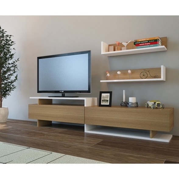 Parete Attrezzata Mobile TV E Mensole Bianco E Teak 180 Cm Ayaz
