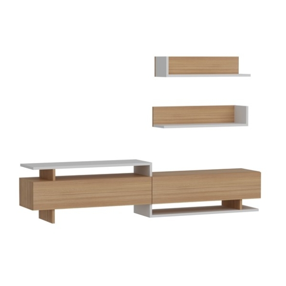 Parete Attrezzata Mobile TV E Mensole Bianco E Teak 180 Cm Ayaz