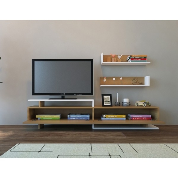 Parete Attrezzata Mobile TV E Mensole Bianco E Teak 180 Cm Ayaz