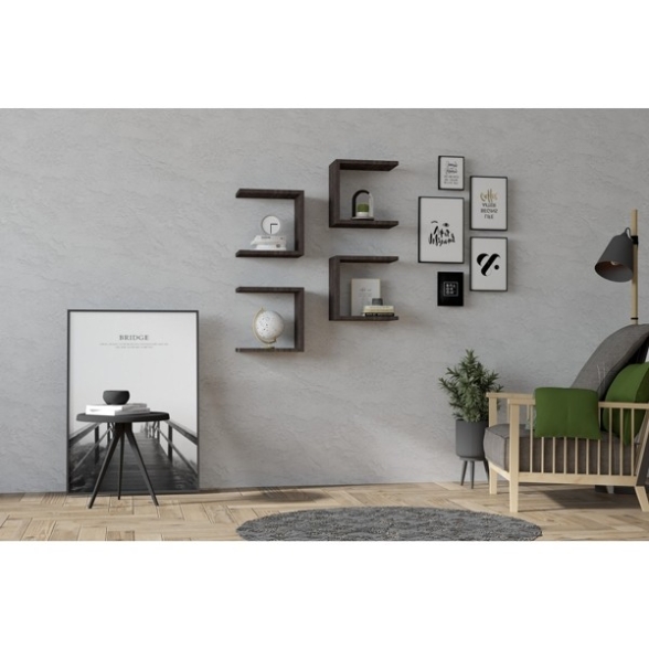 Set 4 Mensole A Parete Design Moderno Rovere Scuro Effetto Legno Base