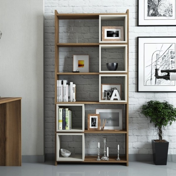 Libreria A Parete Con Mensole E Cubi 80x22x170H Rovere E Crema Box