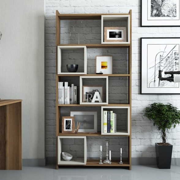 Libreria A Parete Con Mensole E Cubi 80x22x170H Rovere E Crema Box