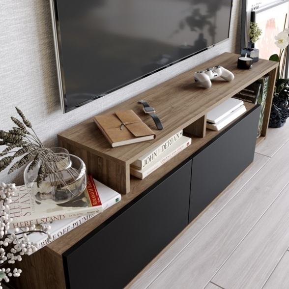 Mobile TV Da Terra 150 Cm Nero E Rovere Scuro Effetto Legno Nexera
